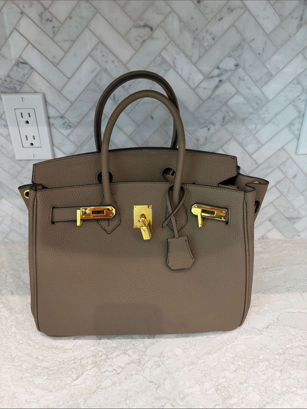 Vintage Taupe Satchel with Gold Hardware
